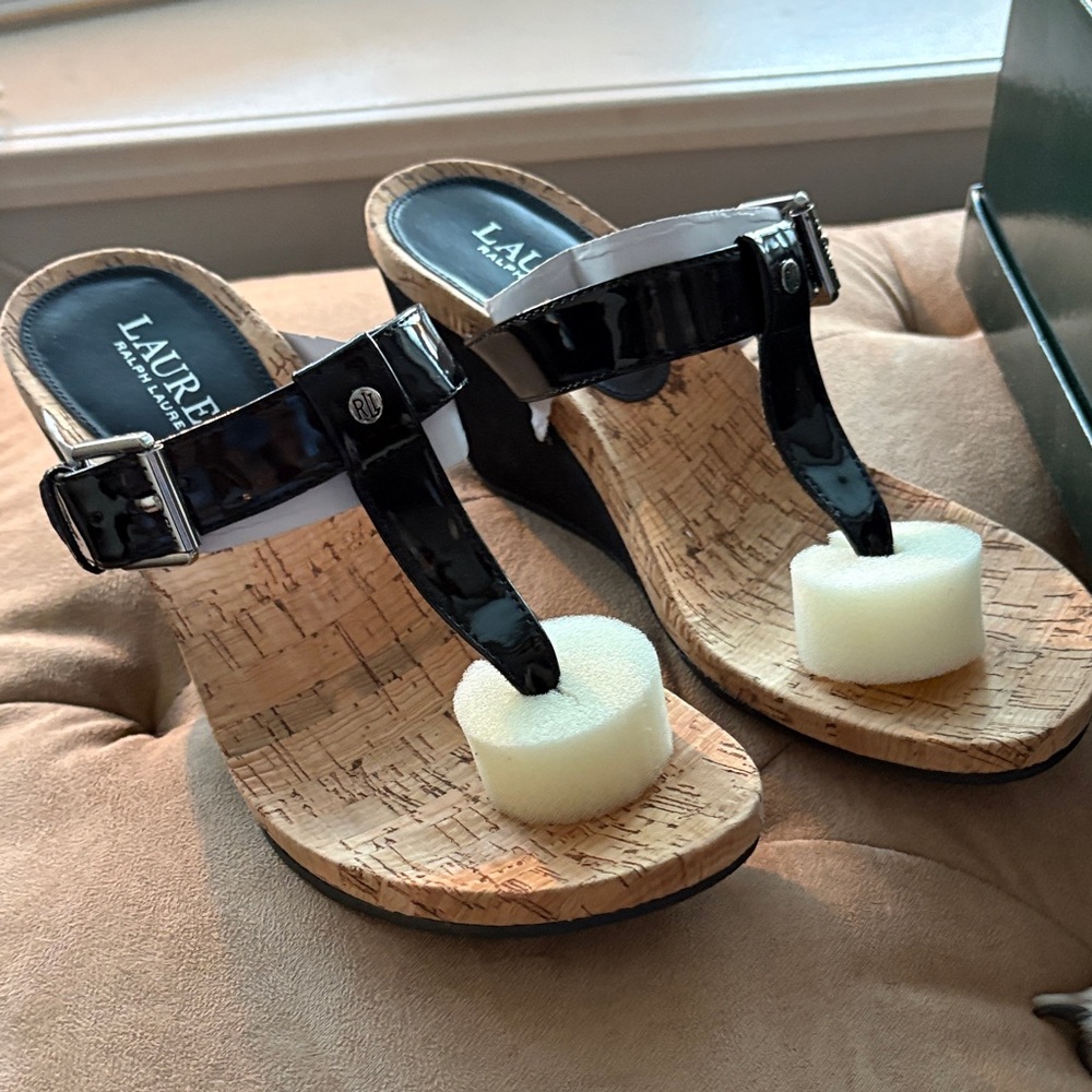 Ralph Lauren Black Patent Cork Sandals
